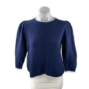 Michael Stars Navy Blue Waffle Knit Half Puff Sleeve Blouse Sweater Top Size M